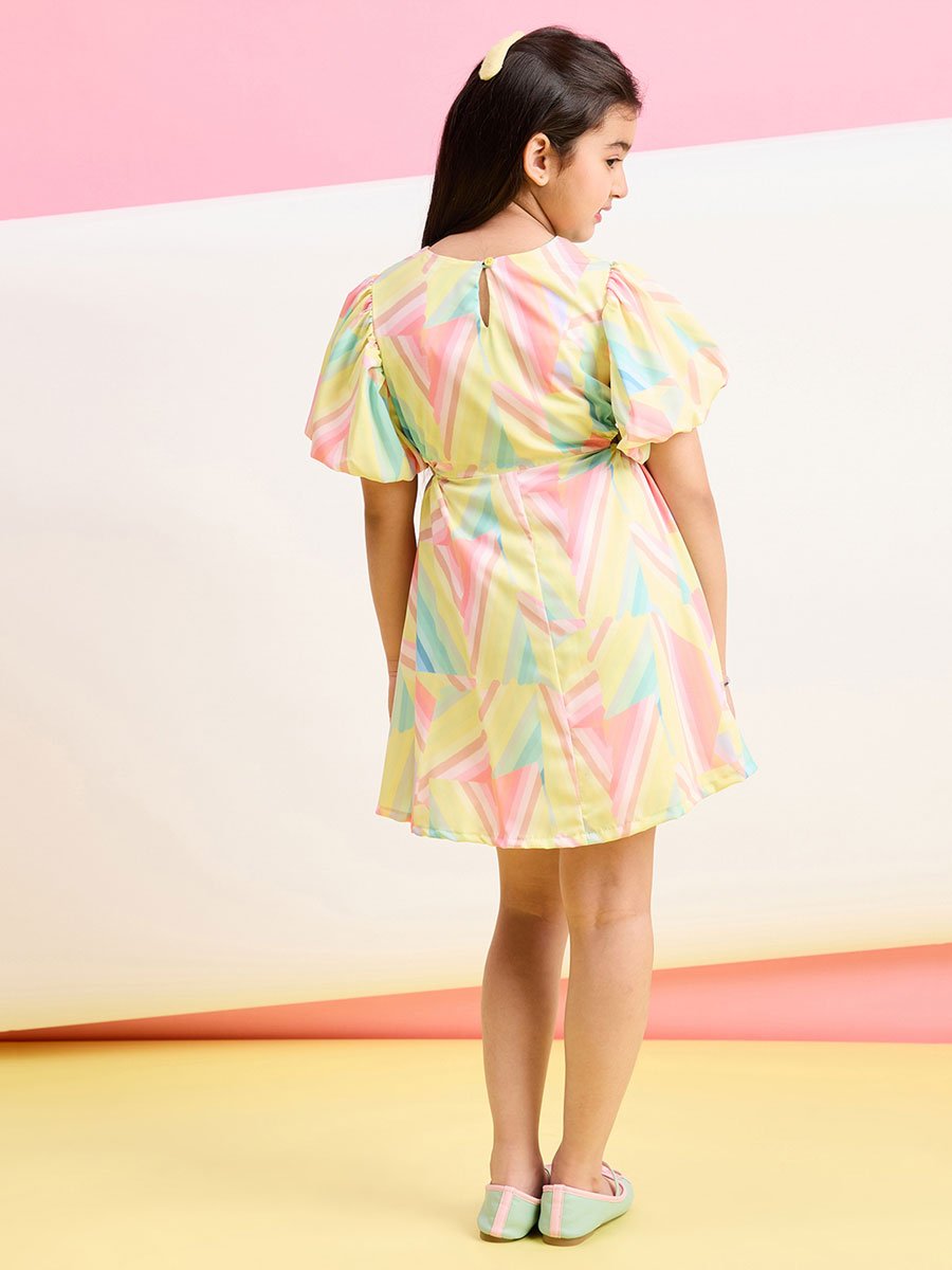 Girls Pastel Printed Puff Sleeve Midi Dress