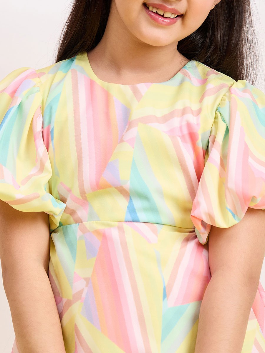 Girls Pastel Printed Puff Sleeve Midi Dress
