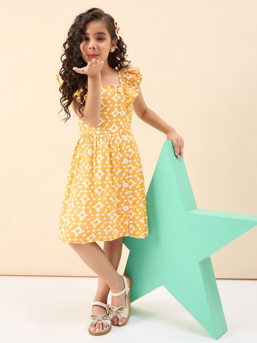Girls Printed Square Neck Casual Dress