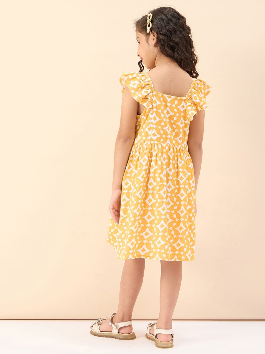 Girls Printed Square Neck Casual Dress