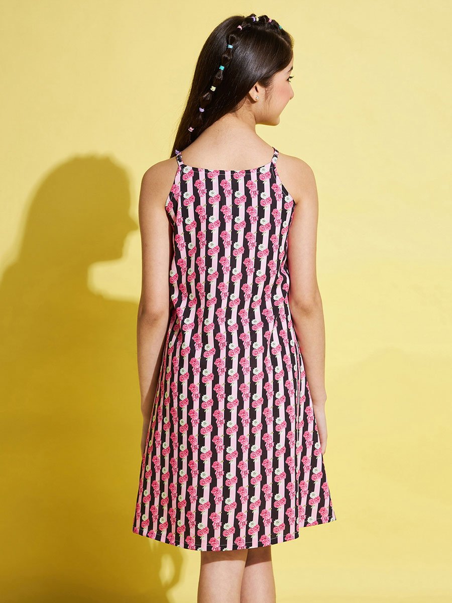 Girls Pink Printed Strappy Dress
