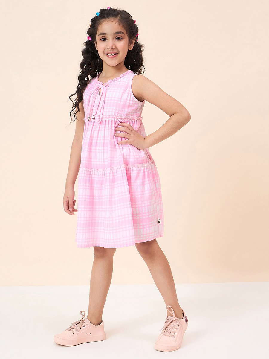 Girls Pink Checkered Sleeveless Dress