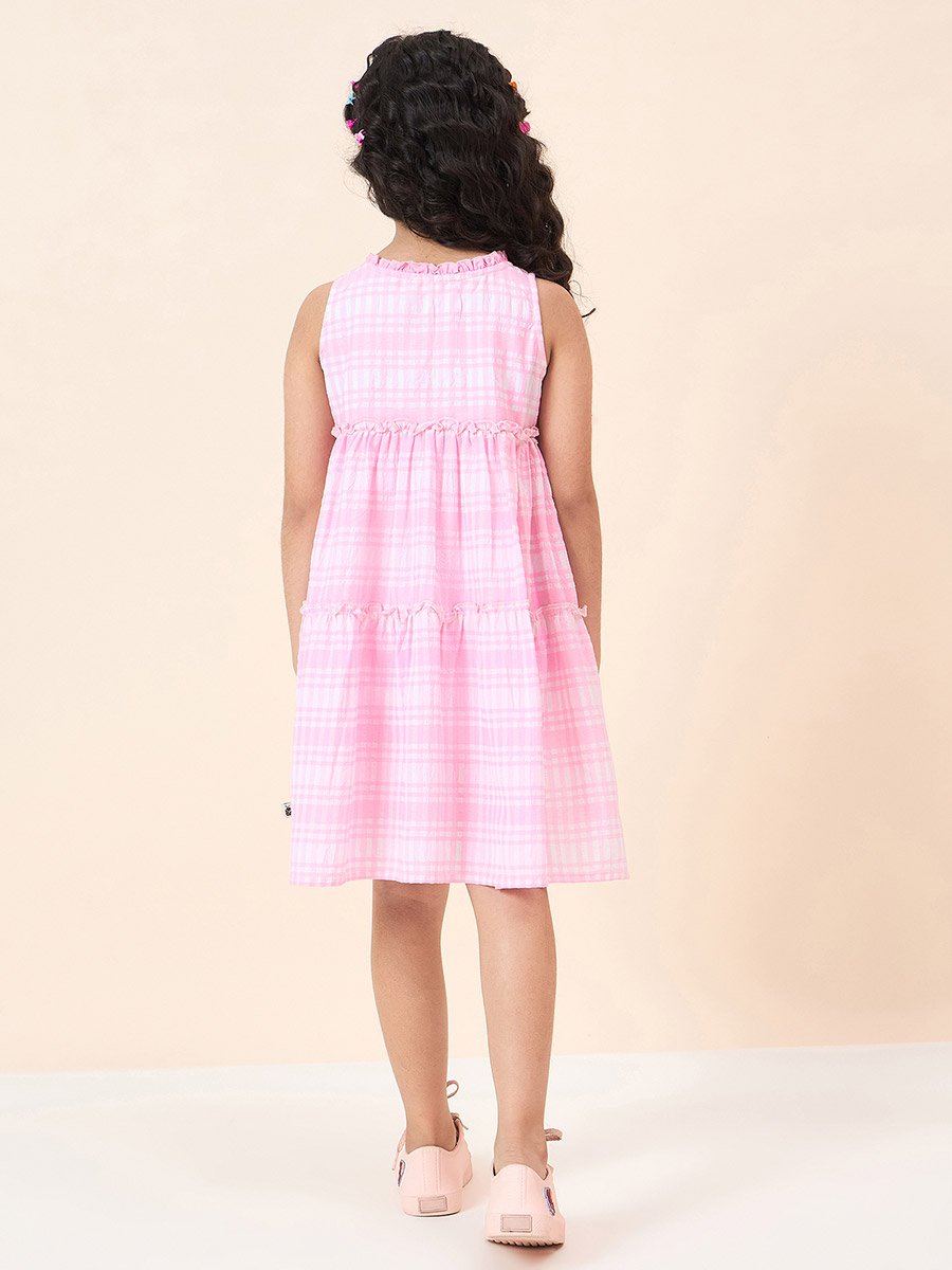 Girls Pink Checkered Sleeveless Dress