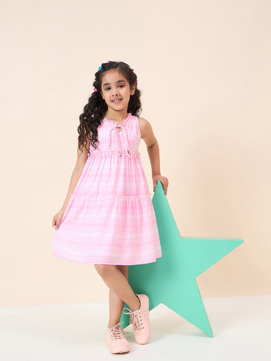 Girls Pink Checkered Sleeveless Dress