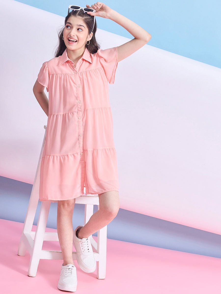 Girls Peach Buttoned Tiered Mini Dress