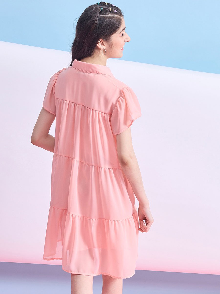 Girls Peach Buttoned Tiered Mini Dress