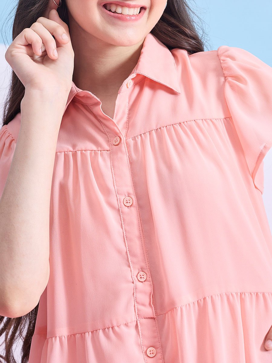 Girls Peach Buttoned Tiered Mini Dress