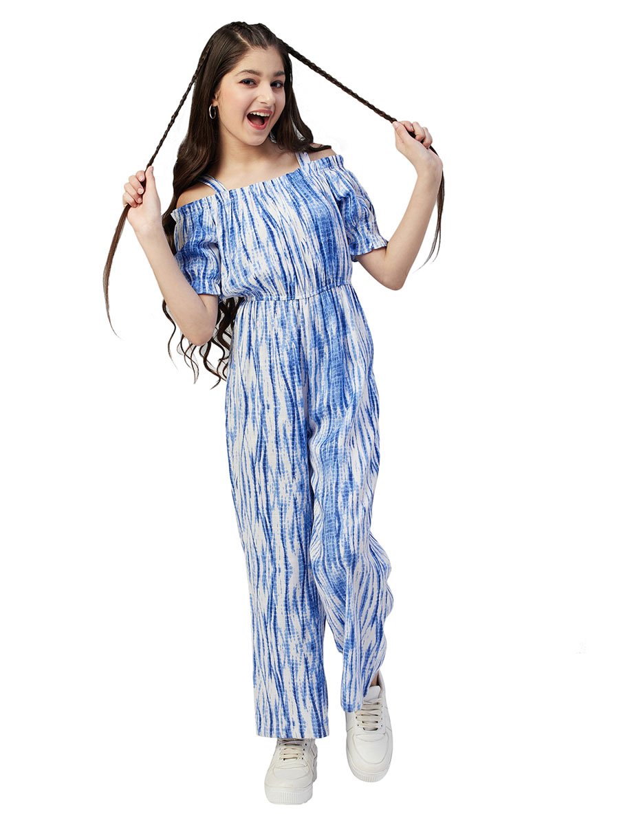 Girls Blue Tie-Dye Cold Shoulder Jumpsuit
