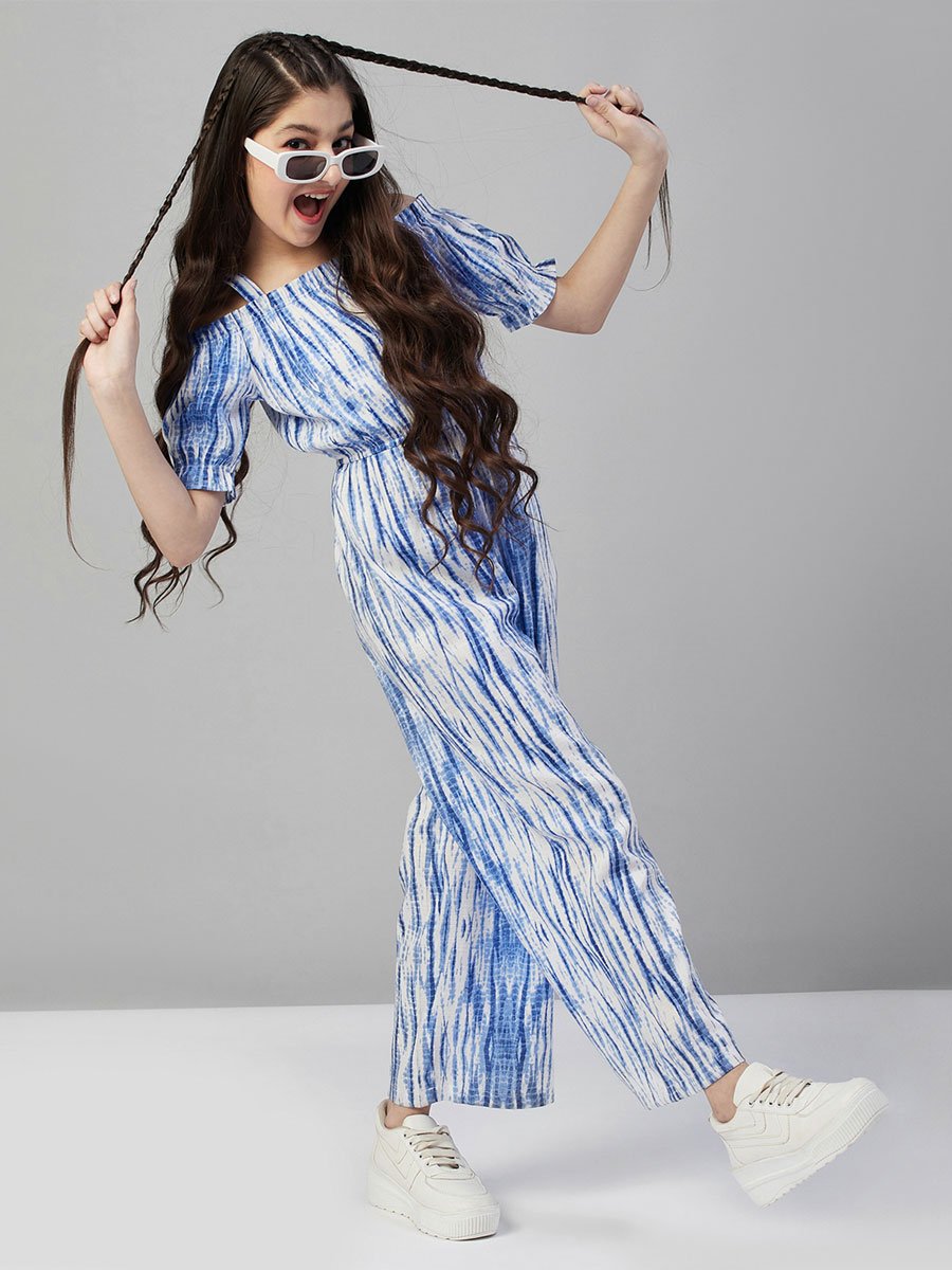 Girls Blue Tie-Dye Cold Shoulder Jumpsuit