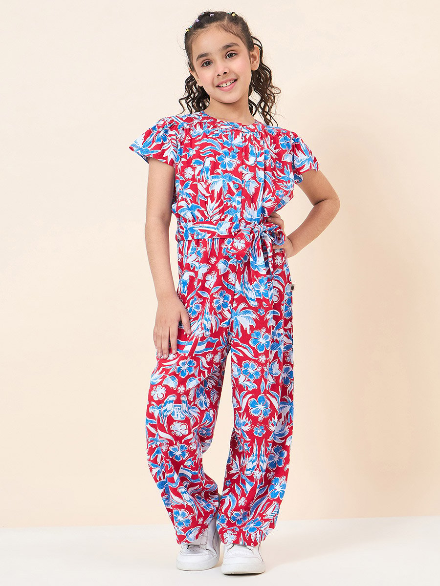 Girls Flower All Over Print Casual Jumpsuit