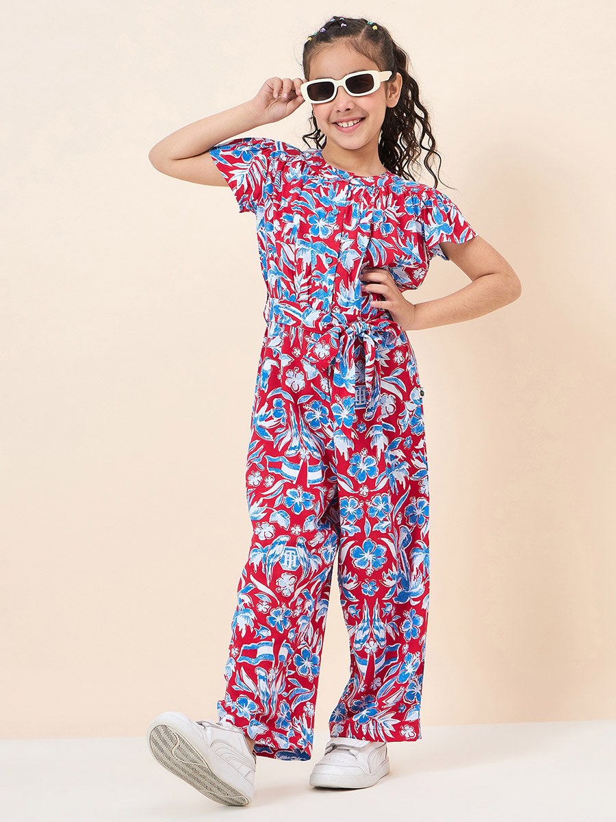 Girls Flower All Over Print Casual Jumpsuit