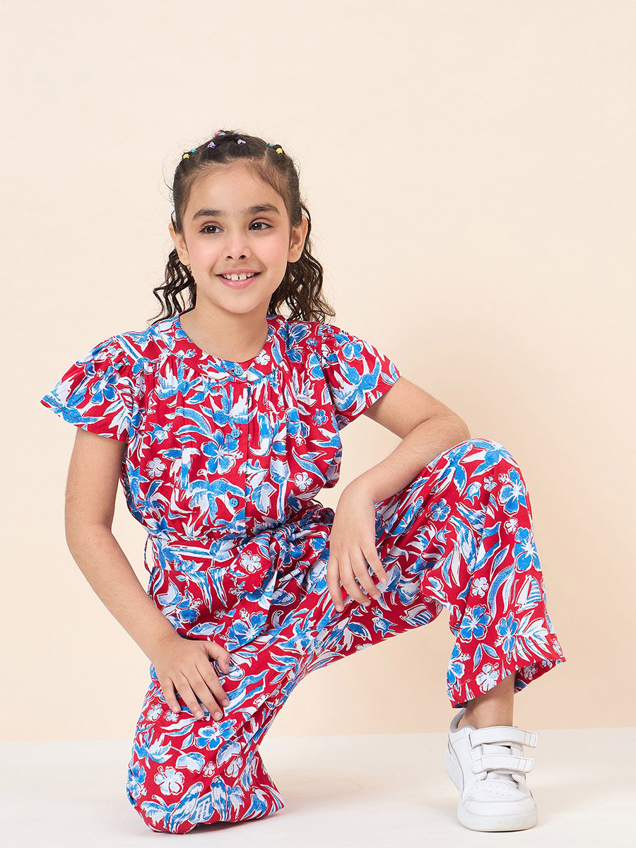 Girls Flower All Over Print Casual Jumpsuit