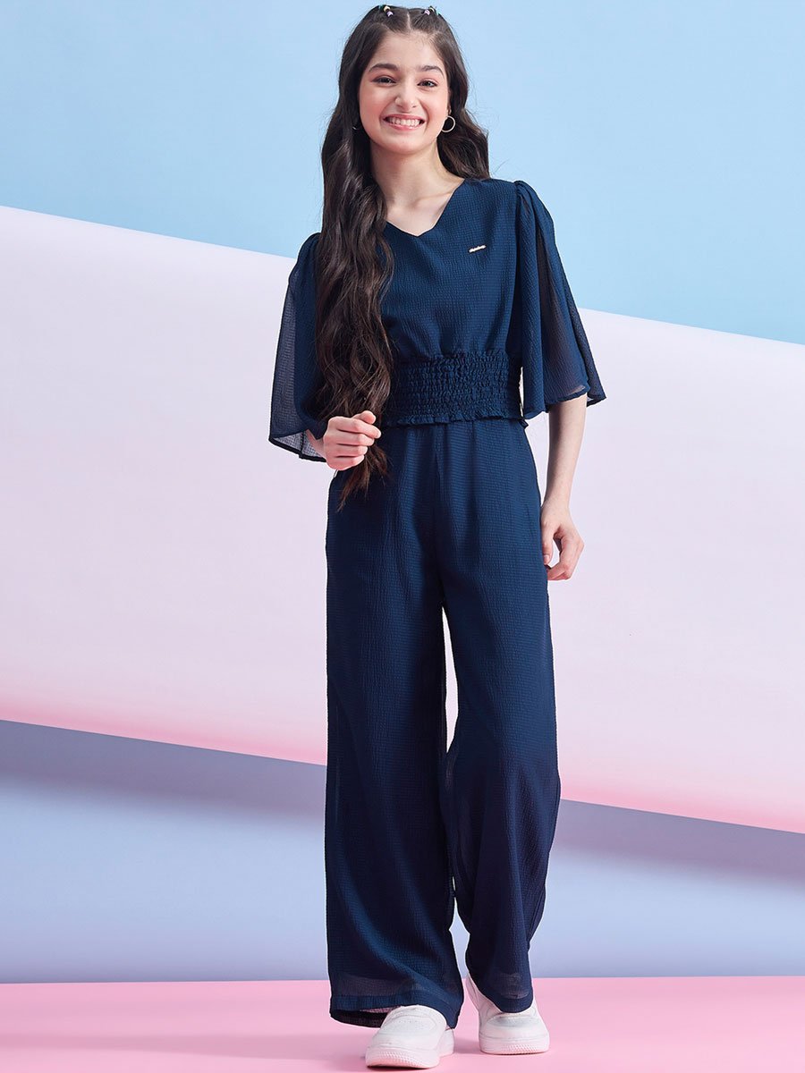 Girls Navy Blue Woven Top and Pants Set