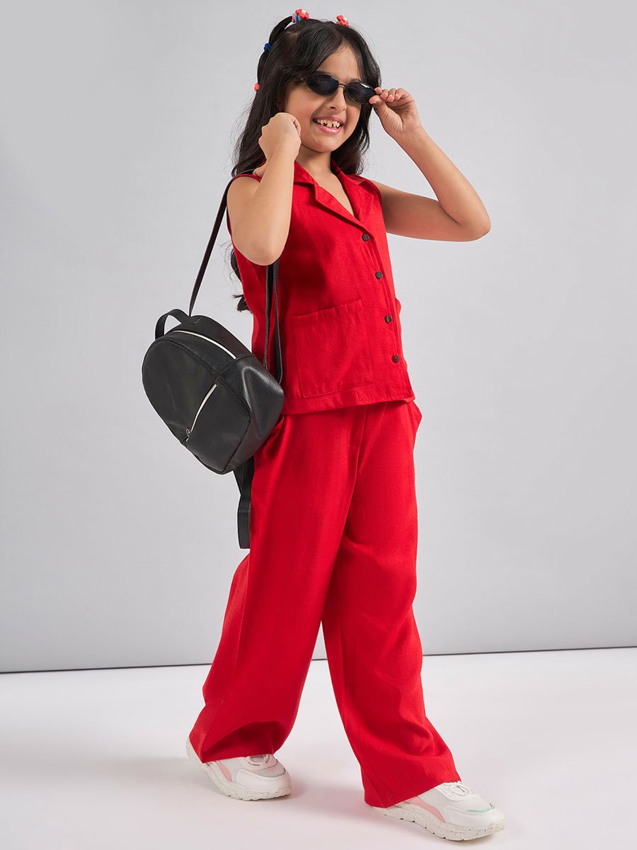 Girls Red Rayon Sleeveless Top and Pants Set