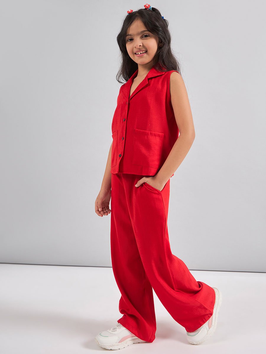 Girls Red Rayon Sleeveless Top and Pants Set