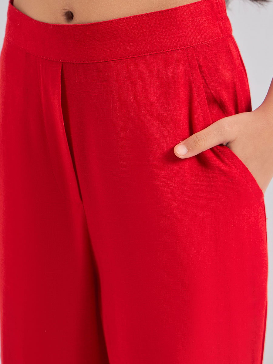 Girls Red Rayon Sleeveless Top and Pants Set