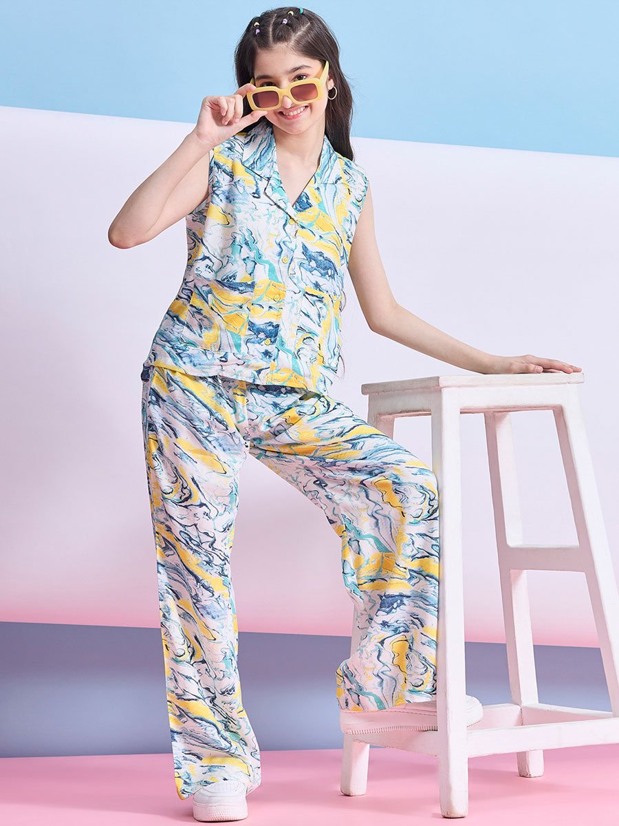 Girls Tie and Dye Abstract Print Top and Pants Set