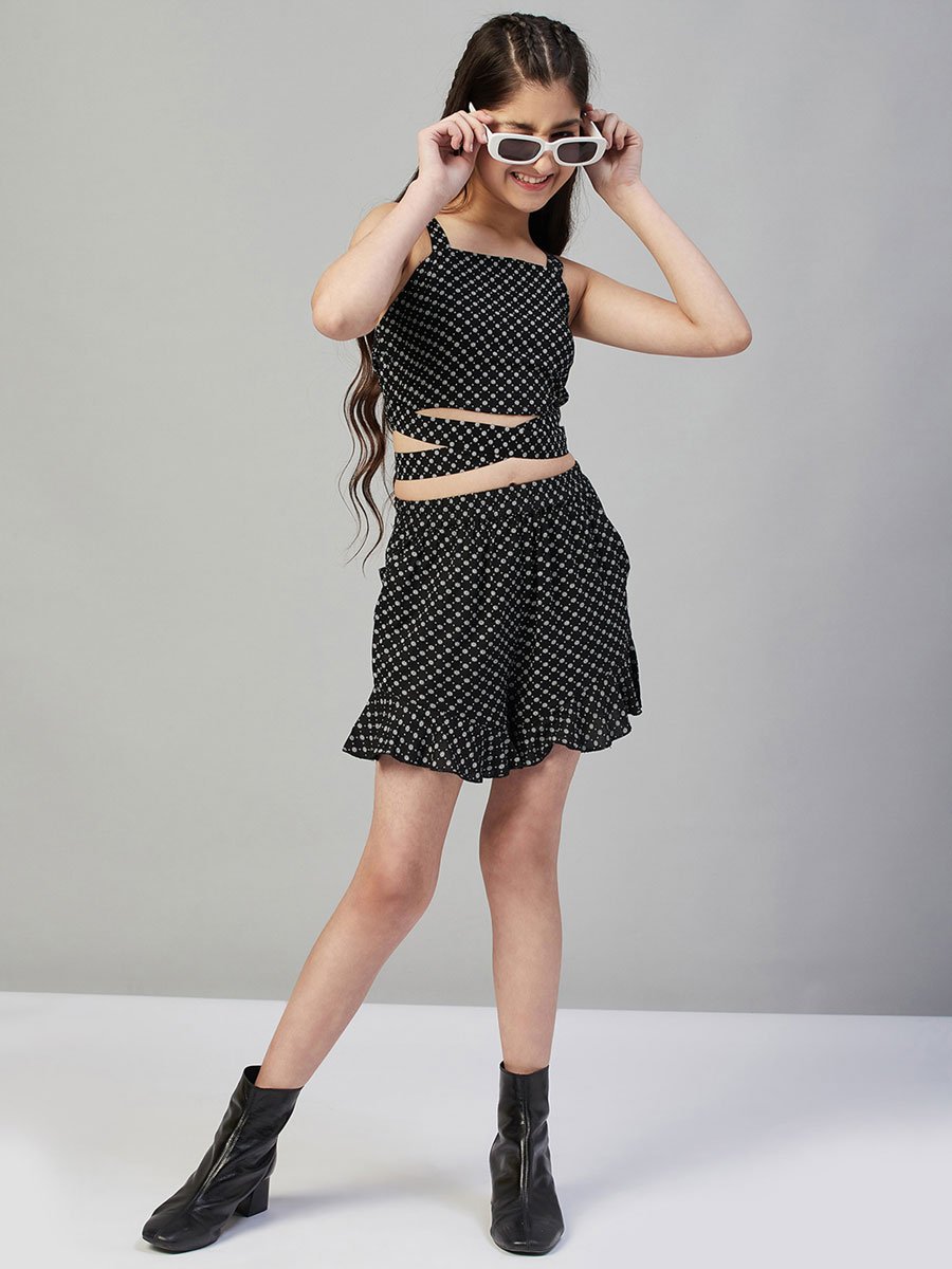 Girls Black Floral Print Top and Shorts Set