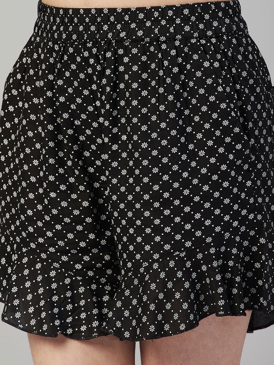 Girls Black Floral Print Top and Shorts Set