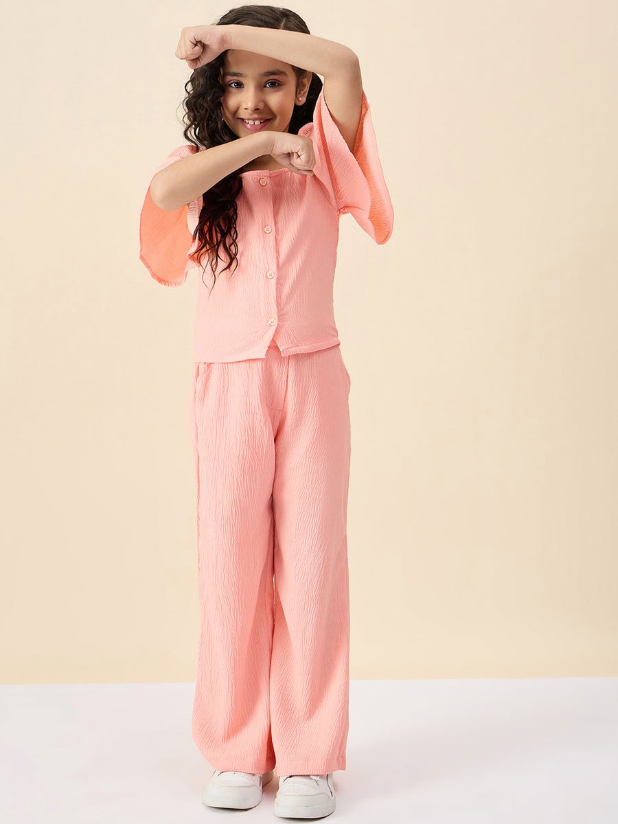 Girls Peach Solid Buttoned Top and Pants Set