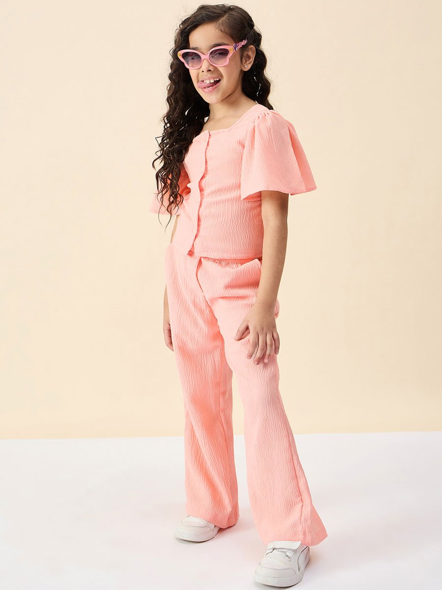 Girls Peach Solid Buttoned Top and Pants Set