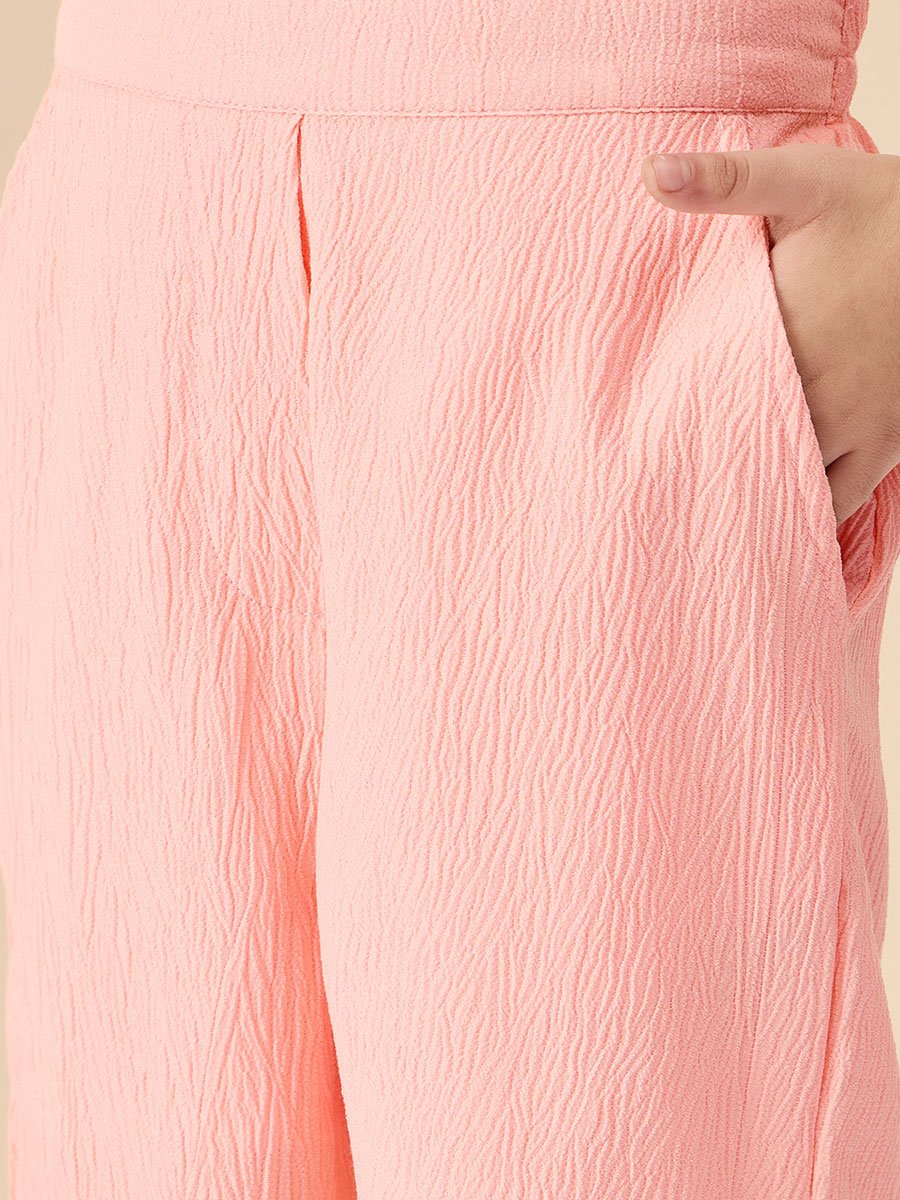 Girls Peach Solid Buttoned Top and Pants Set