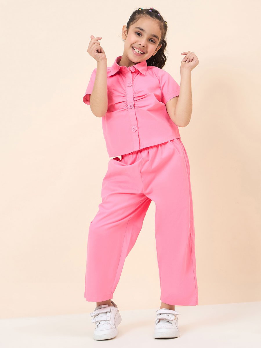 Girls Pink Cotton Shirt and Pants Set