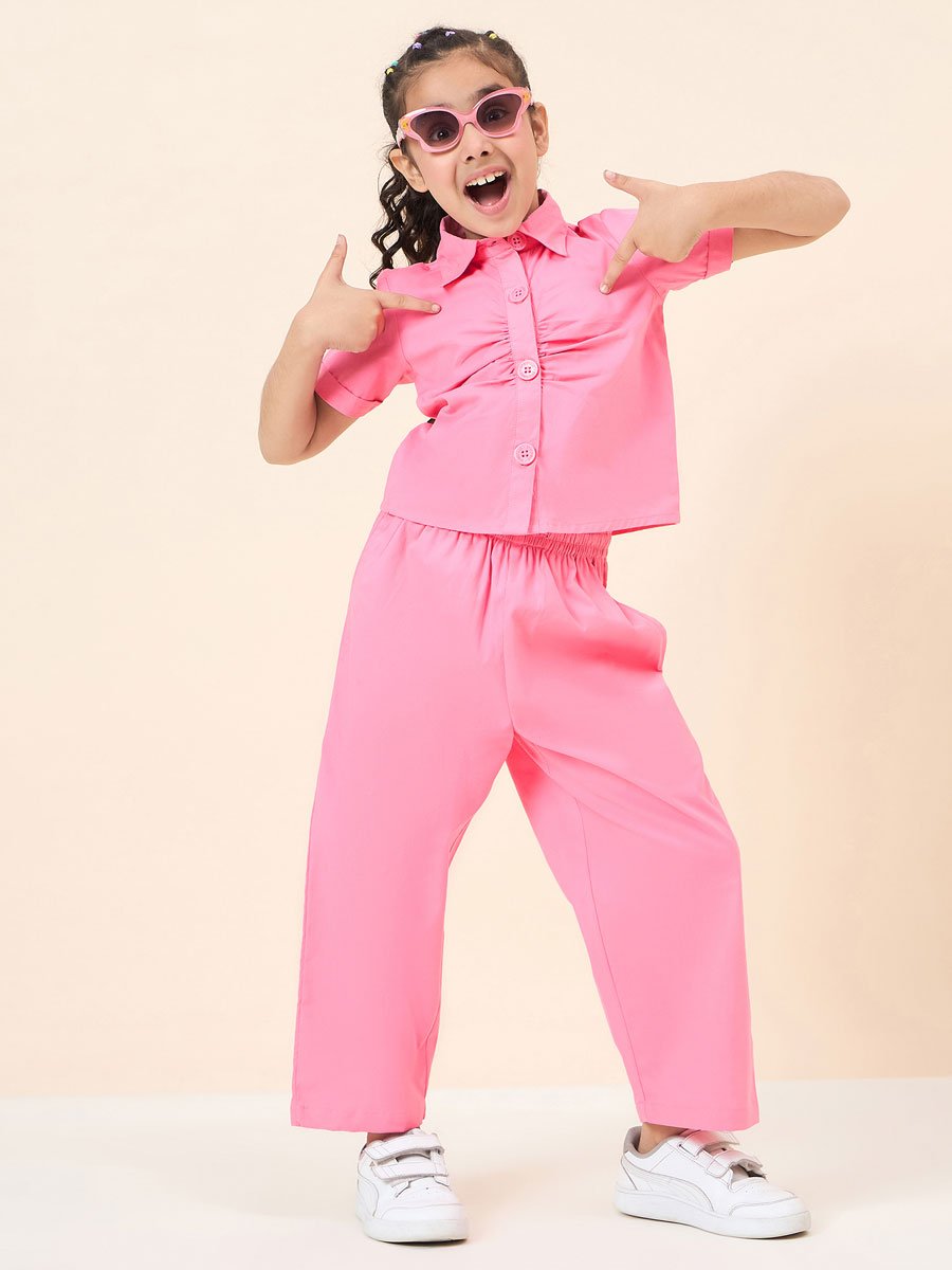 Girls Pink Cotton Shirt and Pants Set