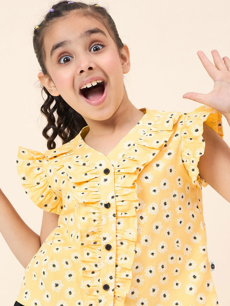 Girls Floral Ruffle Shirt and Pants Set