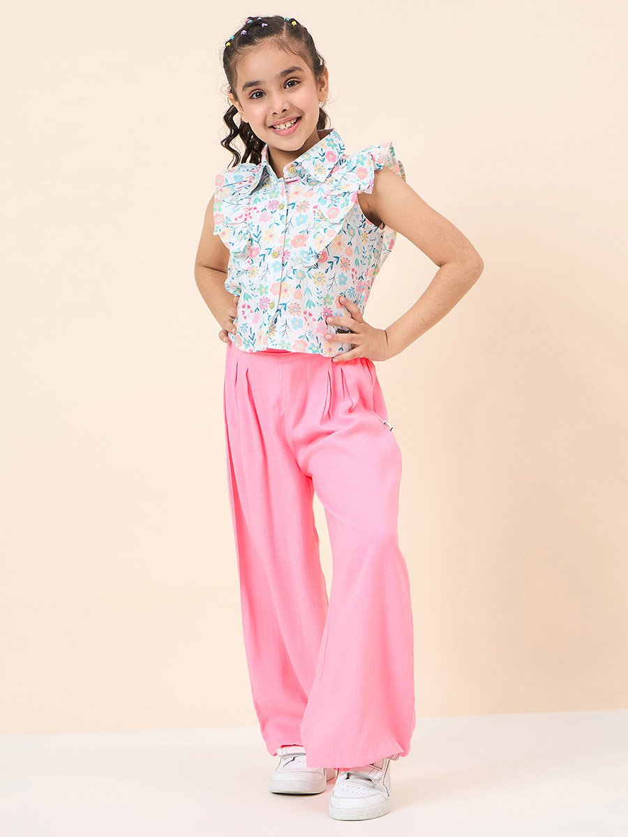 Girls Floral Ruffled Shirt and Pants Set