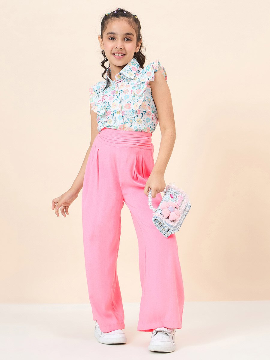 Girls Floral Ruffled Shirt and Pants Set