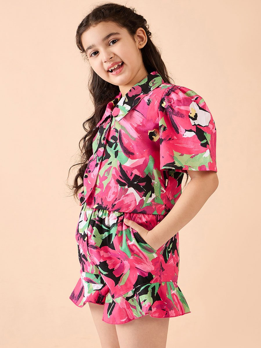 Girls Pink Floral Print Shirt and Shorts Set