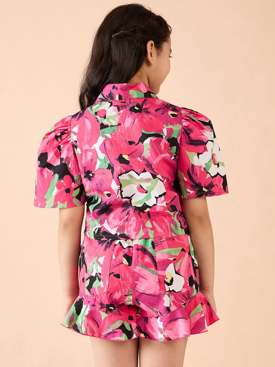 Girls Pink Floral Print Shirt and Shorts Set