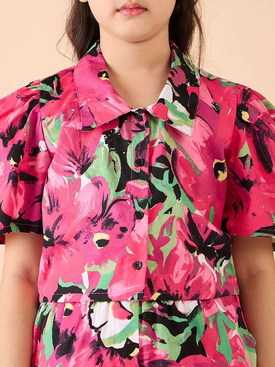 Girls Pink Floral Print Shirt and Shorts Set