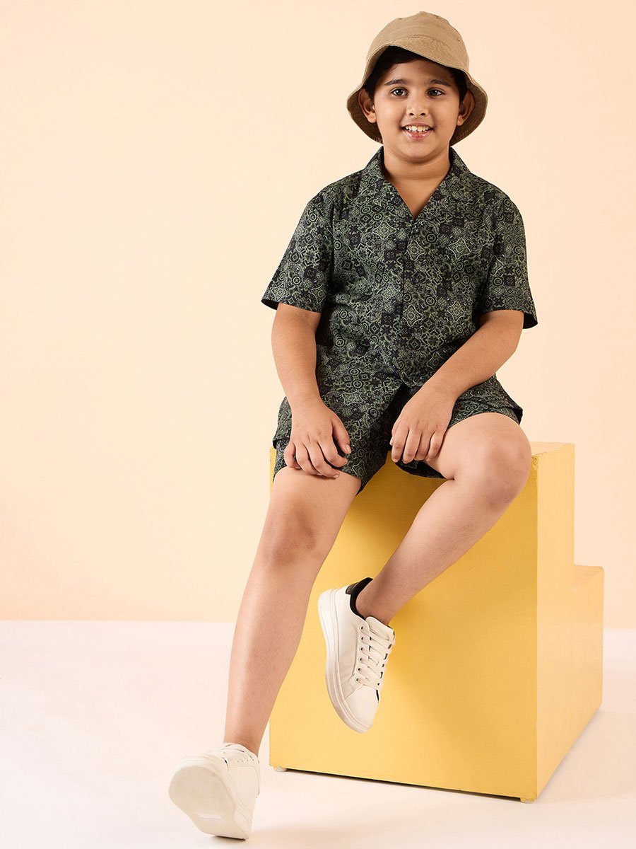 Boys Green Printed Rayon Shirt and Shorts Set