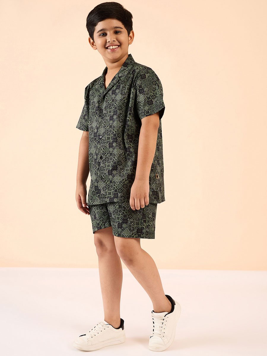 Boys Green Printed Rayon Shirt and Shorts Set
