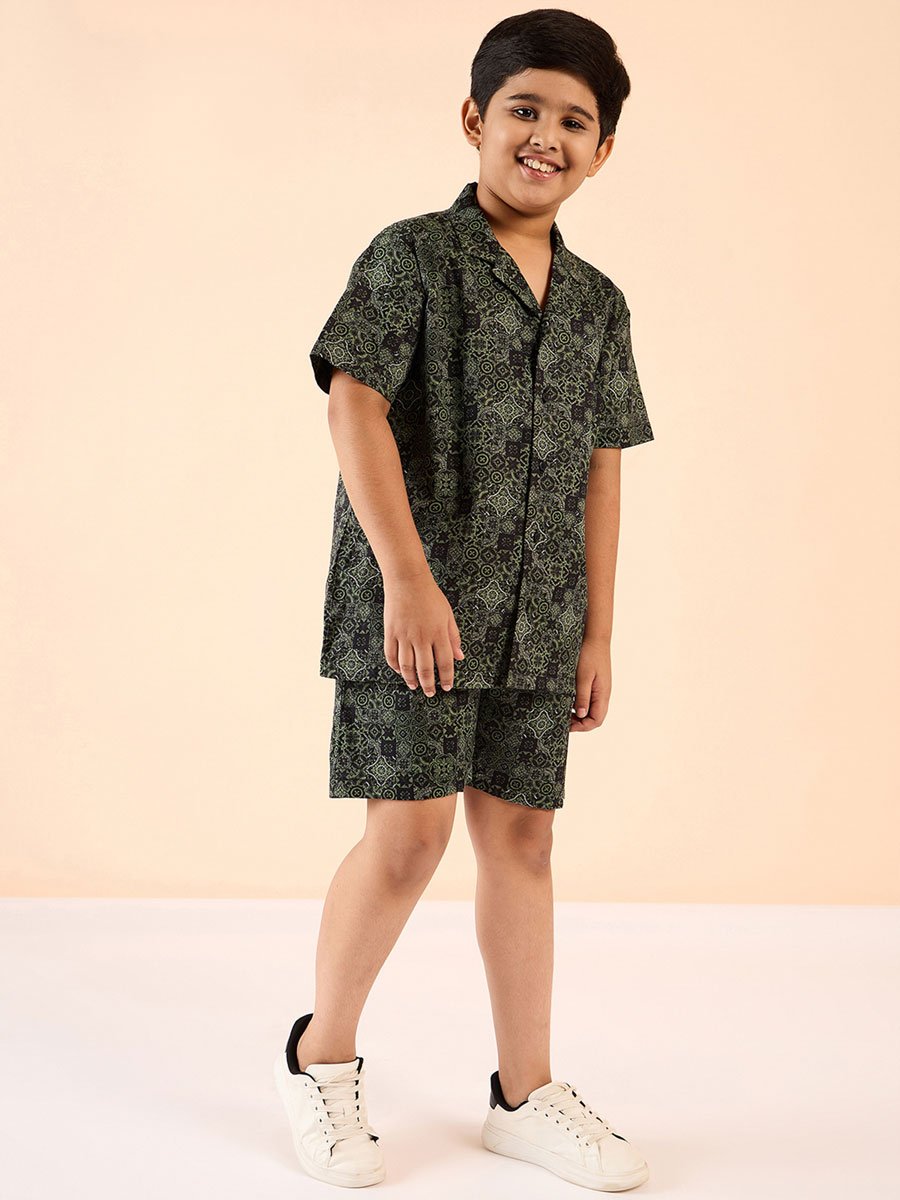 Boys Green Printed Rayon Shirt and Shorts Set