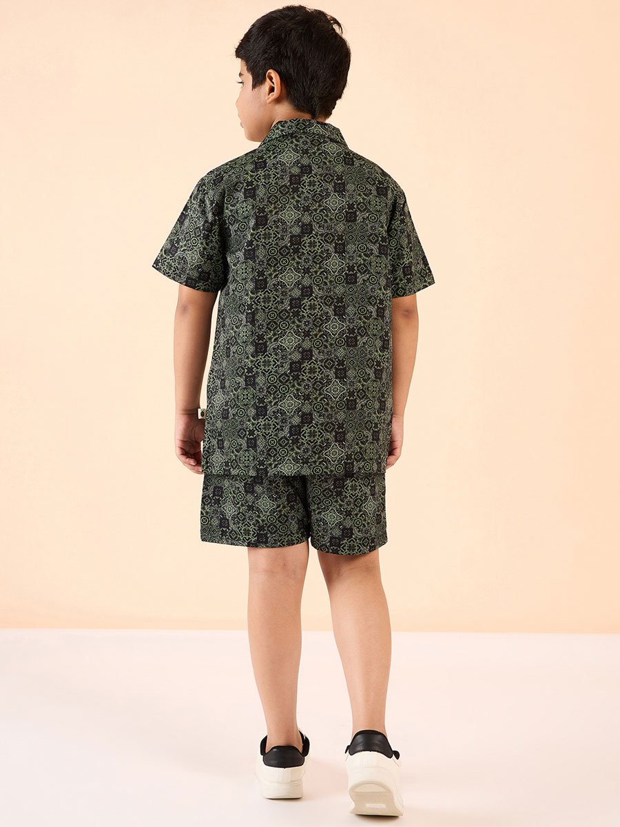 Boys Green Printed Rayon Shirt and Shorts Set