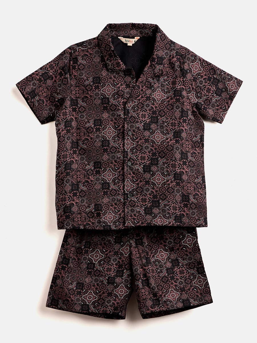 Boys Brown Printed Rayon Shirt and Shorts Set