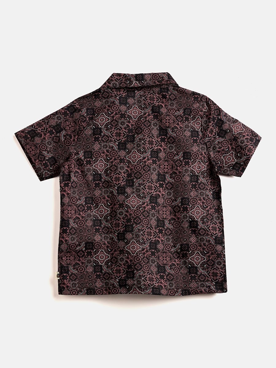 Boys Brown Printed Rayon Shirt and Shorts Set