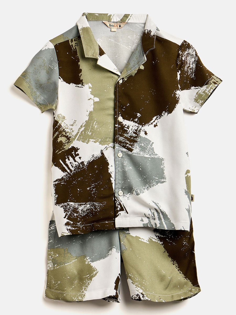 Boys Green Brushstroke Print Shirt and Shorts Set