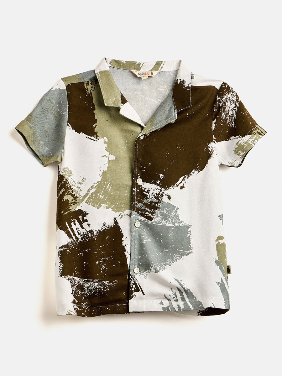 Boys Green Brushstroke Print Shirt and Shorts Set