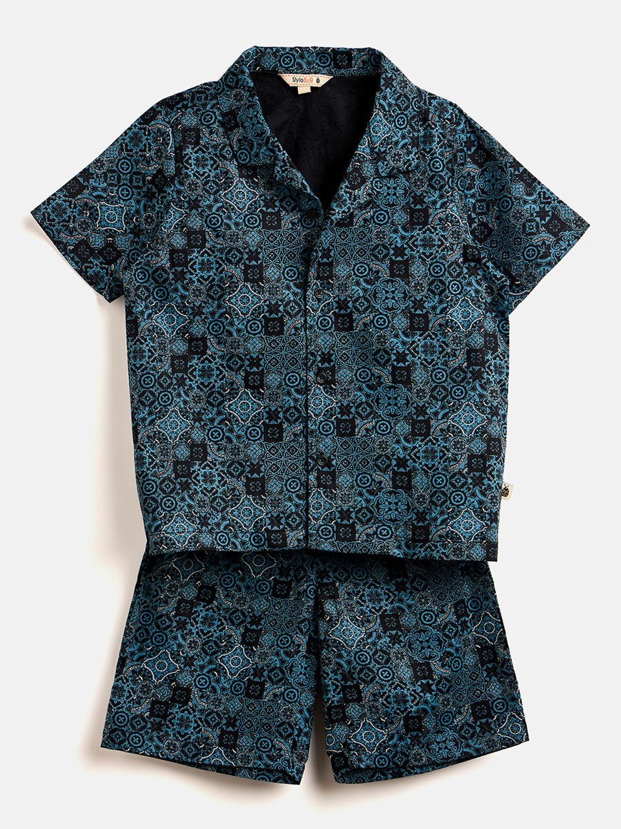 Boys Blue Printed Rayon Shirt and Shorts Set