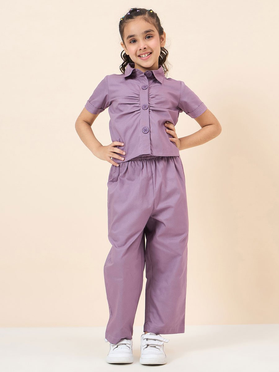 Girls Purple Cotton Shirt and Pants Set