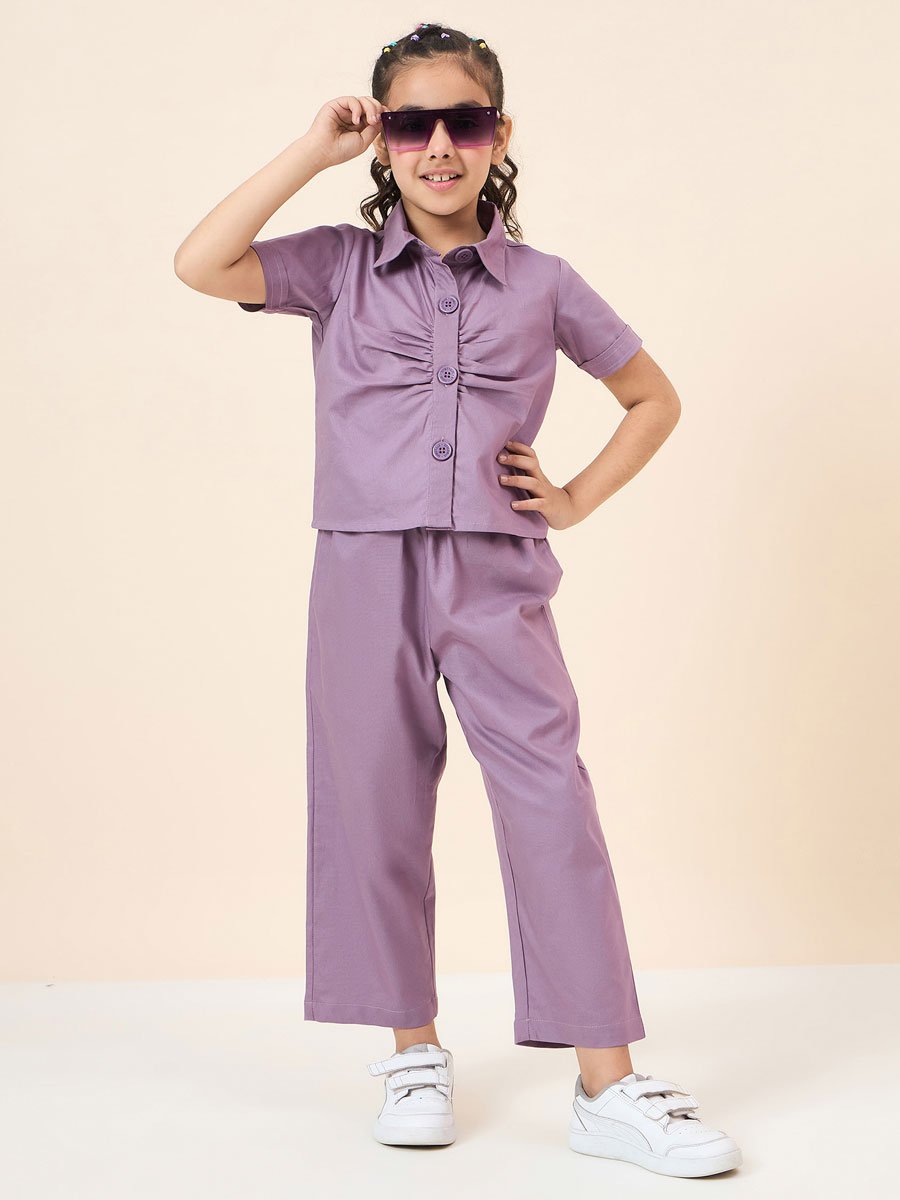 Girls Purple Cotton Shirt and Pants Set