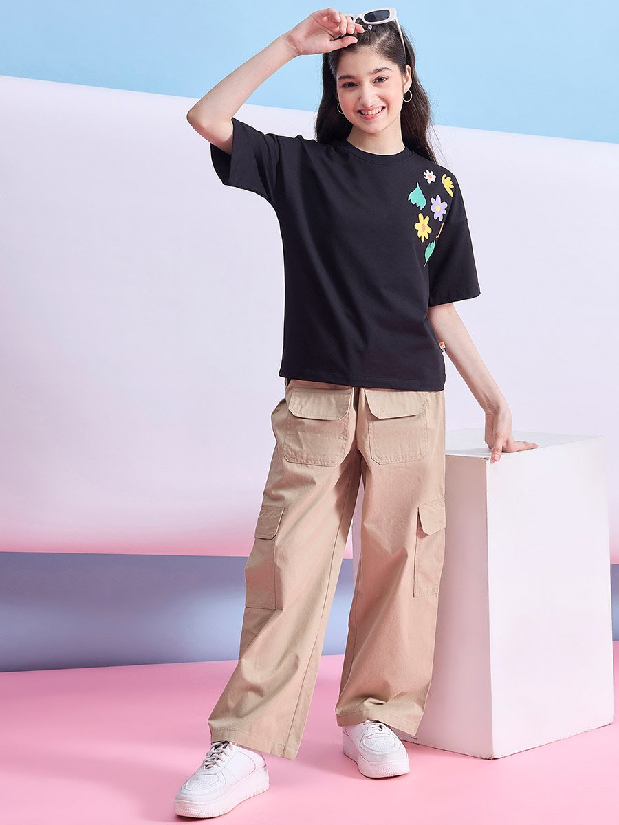 Girls Beige Cotton Cargo Pants