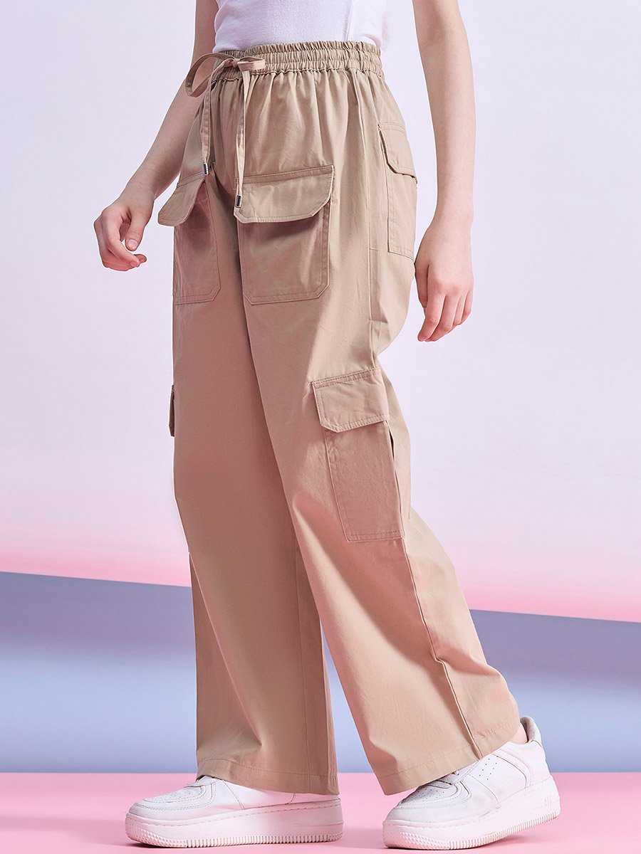 Girls Beige Cotton Cargo Pants