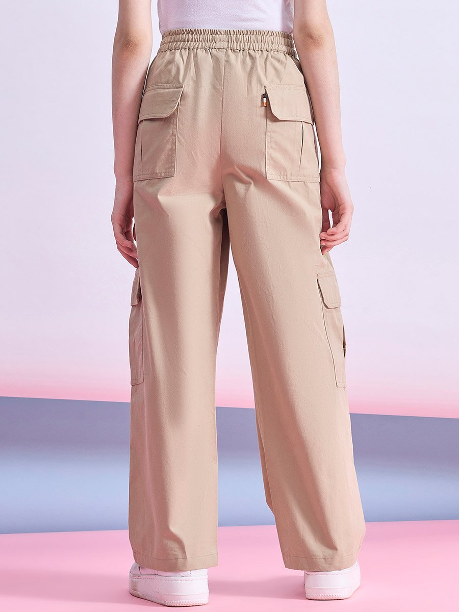 Girls Beige Cotton Cargo Pants