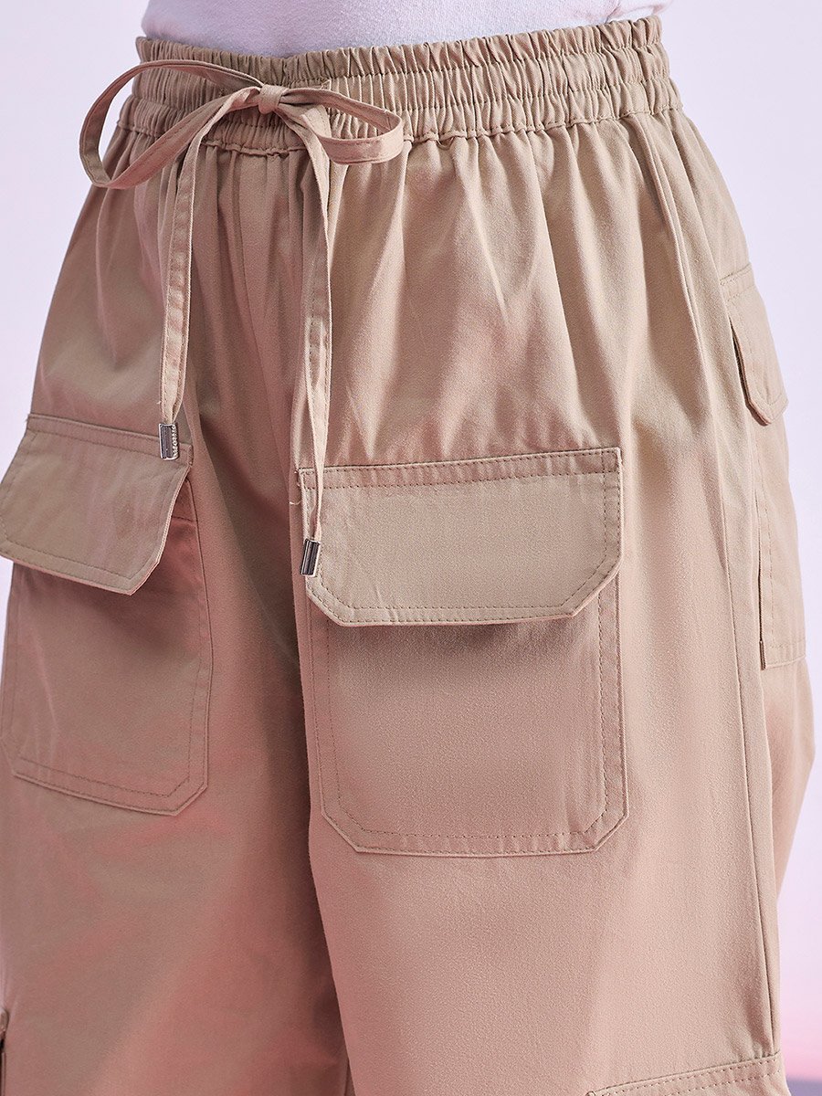Girls Beige Cotton Cargo Pants