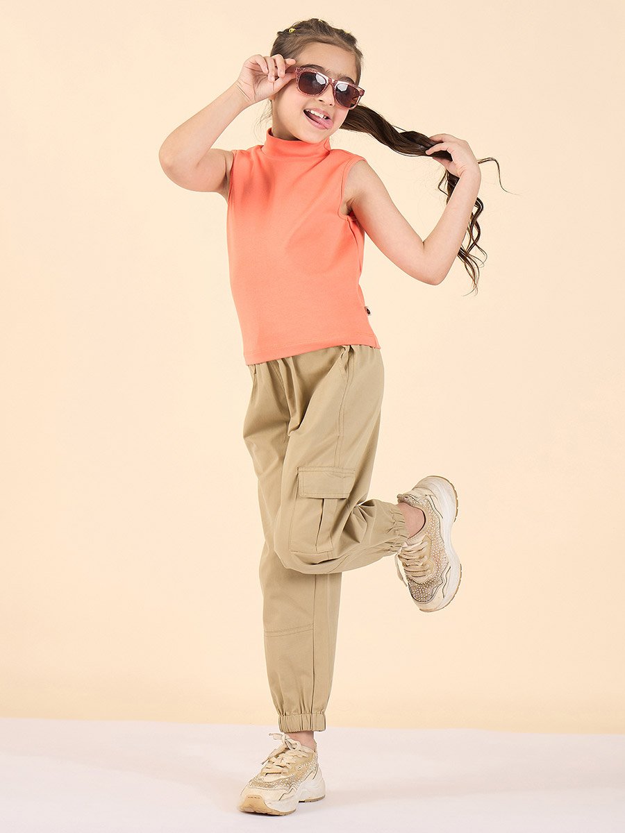 Girls Beige Cotton Regular Cargo Pants